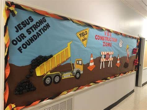 Construction VBS Photo Door Banner | Oriental Trading | Vbs themes ... Construction Site Bulletin Board, Construction Door Decorations, Construction Bulletin Board Preschool, Construction Bulletin Board Ideas, Construction Theme Crafts, Construction Bulletin Board, Community Helpers Centers, Construction Vbs, Sunday School Themes