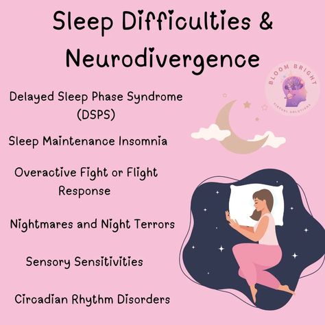 Let's talk about Sleep Challenges for Neurodivergent People 💤 Delayed Sleep Phase Syndrome (DSPS): Struggle to sleep at typical times and wake up late, disrupting daily schedules. Tip: Gradually adjust your bedtime by 15 minutes earlier each night until you reach the desired sleep time. Use light therapy in the morning to help reset your internal clock. Sleep Maintenance Insomnia: Frequent awakenings lead to poor-quality, fragmented sleep. Tip: Establish a consistent sleep routine and pra... Delayed Sleep Phase Syndrome, Sleep Phases, Daily Schedules, Sleep Time, Night Terror, Sleep Routine, When You Sleep, Improve Sleep Quality, Circadian Rhythm