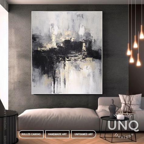 Black Abstract Painting, Abstract Painting On Canvas, Wall Art For Living Room, Grey Art, Art For Living Room, Large Canvas Art, Black And White Wall Art, Acrylic Oil Painting, Green Art