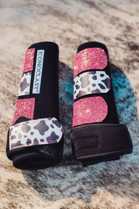 Faux Leather Strap Boots - Cow Print - The Glamorous Cowgirl Glamorous Cowgirl, Barrel Racing Tack Sets, Bling Horse Tack, Barrel Racing Tack Rodeo, Cow Print Design, Bell Boots, Sport Boots, Strap Boots, Barrel Racing Tack