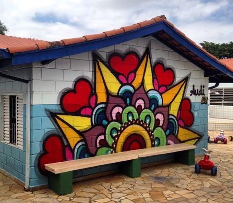 Shed Painting Ideas, Shed Painting, Graffiti Room, Outdoor Painting, Wall Graffiti, Garden Fence Art, Arte Yoga, Garden Mural, Flower Mural