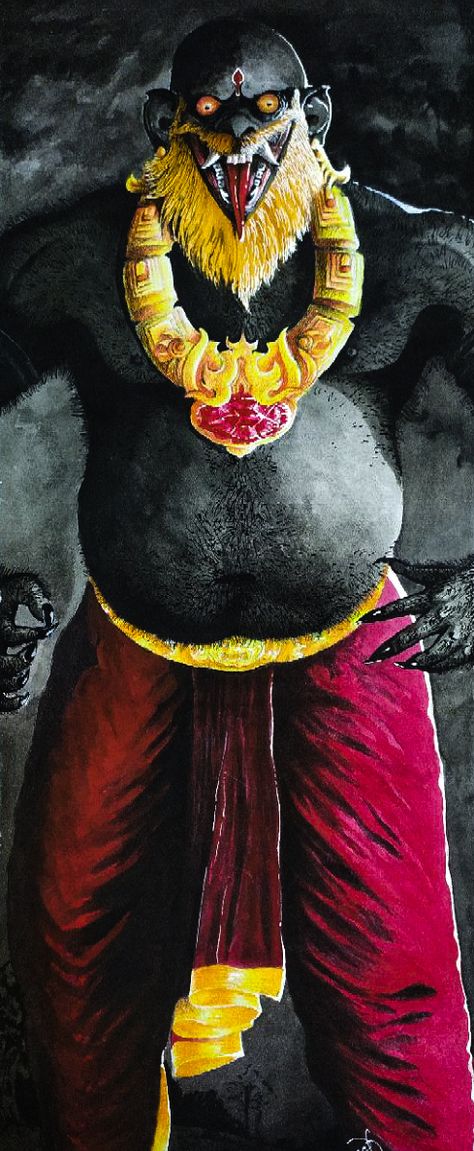 Watercolour painting of Ghatotkacha. Indian Demon Art, Indian Monsters, Indian Demon, Hindu Mandir, Indian Mythology, The Mahabharata, Love Monster, Hindu Mythology, Epic Story