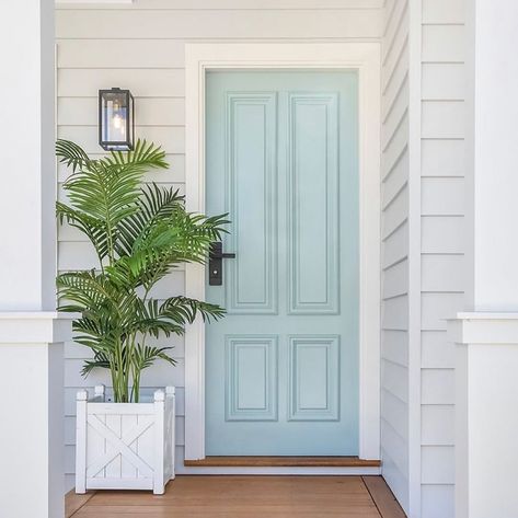 Hampton Style Front Door, Hamptons Front Door Entrance, Coastal Home Exterior Paint Colors, Hamptons Entrance Door, Modern Hamptons Exterior, Duck Egg Blue Front Door, Hamptons Front Door, Coastal Townhouse, Hume Doors Hampton