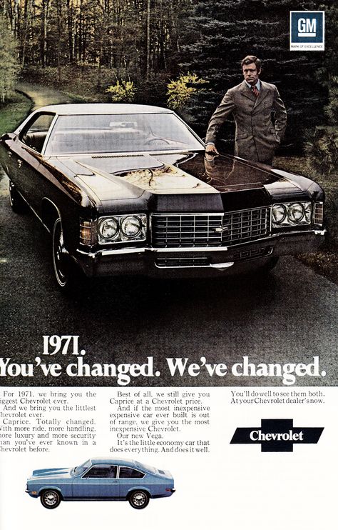 1971 Chevrolet Caprice and Vega. Caprice Car, Automobile Advertising, Car Brochure, 55 Chevy, Car Chevrolet, Chevrolet Caprice, Car Advertising, Chevy Impala, Us Cars