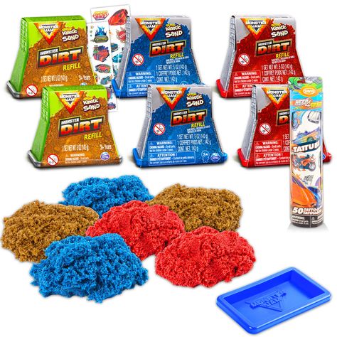 PRICES MAY VARY. Monster Jam Dirt Playset Refill Set - Bundle with 6 Monster Jam Kinetic Sand Refills in Red, Blue, and Brown Plus Racecar Temporary Tattoos (Monster Truck Sand Toy). This Monster Jam kinetic sand set includes 6 individually wrapped kinetic sand monster dirt refills: 2 red, 2 blue, and 2 brown, perfect for any Monster Jam play sets! Have endless fun with these Monster Jam sand refills! Build up your sand to whatever shape you want, jump it, smash it, and do it all over again! Sur Sand Monster, Monster Jam Toys, Play Sets, Sand Toys, Kinetic Sand, Basket Fillers, Monster Jam, 2024 Christmas, Sand Art