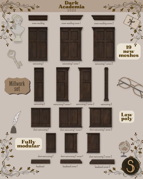 Dark Academia (2) - Millwork set | Patreon Sims 4 Wainscoting, Sims 4 Cc Traditional Furniture, Sims 4 Cc Dark Academia Patreon, Sims 4 Cc Wood Panelling, Sims 4 Dark Academia Furniture, Sims 4 Craftsman Cc, Sims 4 Wall Trim Cc, Sims 4 Wainscoting Cc, Sims 4 Wood Paneling Cc