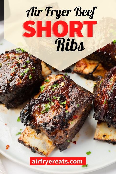 Air Fry Beef Short Rib is a delicious on that old restaurant favorite! Tasty, tender and cooked in under 30 minutes, this dish is perfect for planning in advance. Definitely a crowd pleaser! #AirFryBeefShortRib #AirFryerBeefShortRib #AirFryBeefShortRibs Airfryer Short Ribs, Beef Short Rib Recipes Air Fryer, Air Fryer Short Ribs, Ribs In Air Fryer, Pork Short Ribs, Air Fryer Recipes Ribs, Fried Ribs, Air Fryer Beef, Bbq Short Ribs