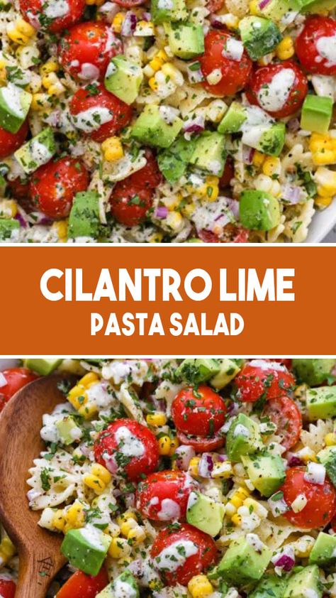 Perfect for summer BBQs, picnics, and potlucks! Fresh corn, tomatoes, onions, cilantro, and a simple homemade cilantro lime dressing are all generousl... Cilantro Lime Pasta Salad, Cilantro Lime Pasta, Lime Pasta Salad, Lime Pasta, Comfort Dinner, Weeknight Recipes, Cilantro Lime Dressing, Bowtie Pasta, Lime Dressing