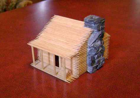 Old West Toothpick Town: Log cabin Tooth Pick Crafts, Toothpick House, Log Cabin Craft, Pictures Of Buildings, Toothpick Sculpture, Toothpick Crafts, Tree Carvings, Popsicle Stick Houses, Wood Log Crafts