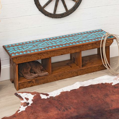 Sky Arrows Turquoise & Natural Bench Western Furniture Ranch Style, Bedding Western, Southwestern Furniture, Barbie Painting, Southwest Furniture, Cowhide Decor, Refurbishing Furniture, Rustic Tables, Ranch Furniture