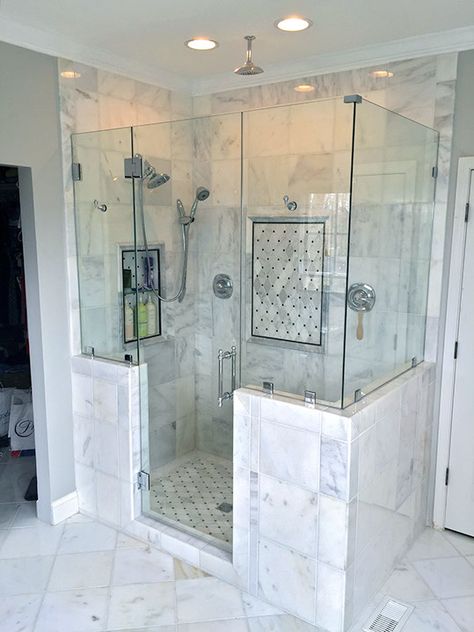 Frameless Acrylic Walk In Showers, Luxury Bathroom Master Baths Walk In Shower Glass Doors, Master Shower With Half Wall, Showers With Half Glass Walls, Walk In Shower With Pony Wall, Showers With Half Walls, Showers Without Doors Walk In, Glassless Shower Walk In, Half Wall Shower Ideas