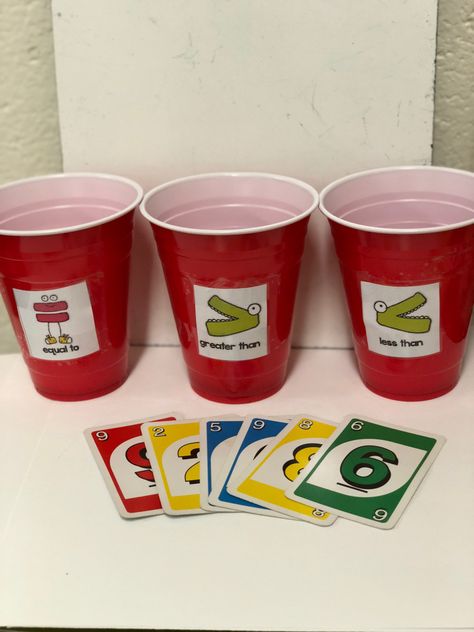 Greater than or less than game played with UNO cards. For ages 3+ Uno Math Game, Greater And Less Than Activities, School Diy Ideas, Compare Numbers, Greater Than Less Than, Uno Cards, Comparing Numbers, Math Center Activities, Kindergarten Fun