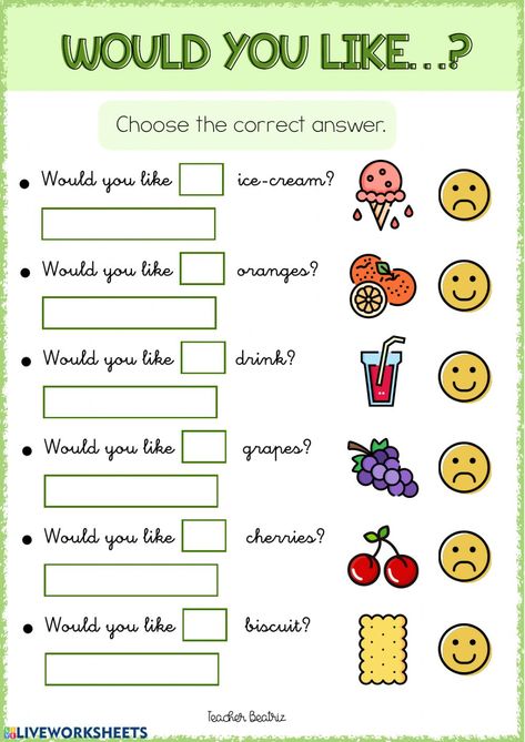 Would you like...? - Interactive worksheet Materi Bahasa Inggris, Summer Worksheets, Free Time Activities, Sight Words Printables, English Activities For Kids, Learning English For Kids, Kids English, Halloween Activities For Kids, English Language Teaching