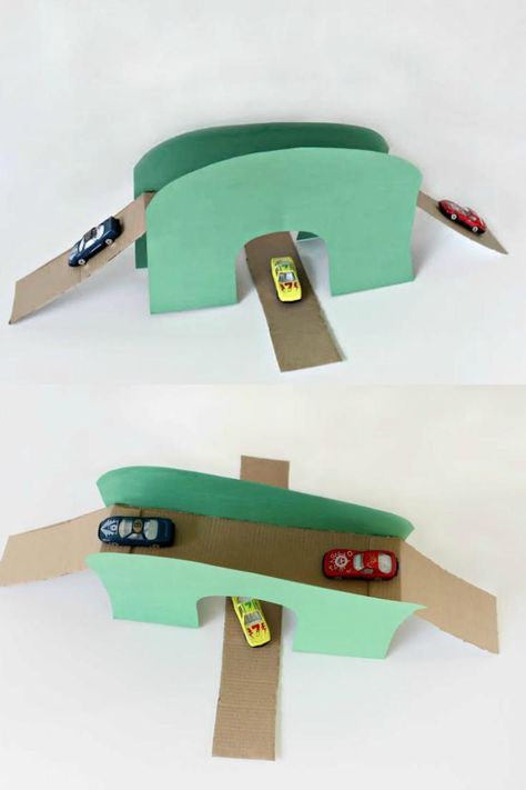 "Its pretty hard to keep kids entertained on cold, snowy days. But not when you make this easy peasy toy bridge for their cars. This is a great project to recycle some of those paper tubes!" Paper Tunnels For Cars, Cardboard Road Track, Diy Cardboard Car Track, Printable Roads For Toy Cars, Making Roads For Toy Cars, Diy Toys Car, Recycled Paper Crafts, Recycled Crafts Kids, Construction Paper Crafts