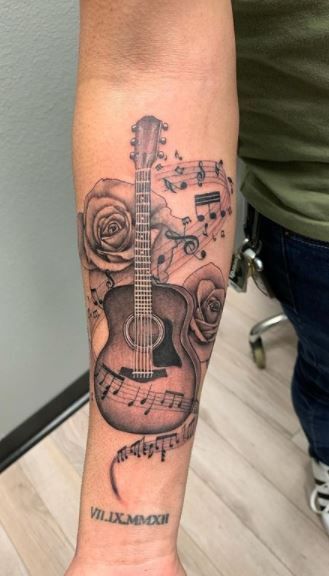 Compass And Music Tattoo, Guitar Tattoo Forearm, Guitar Piano Tattoo, Guitar Music Tattoo Ideas, Rose And Guitar Tattoo, Female Music Tattoo, Acoustic Guitar Tattoo Memorial, Country Music Sleeve Tattoo, Coda Tattoos