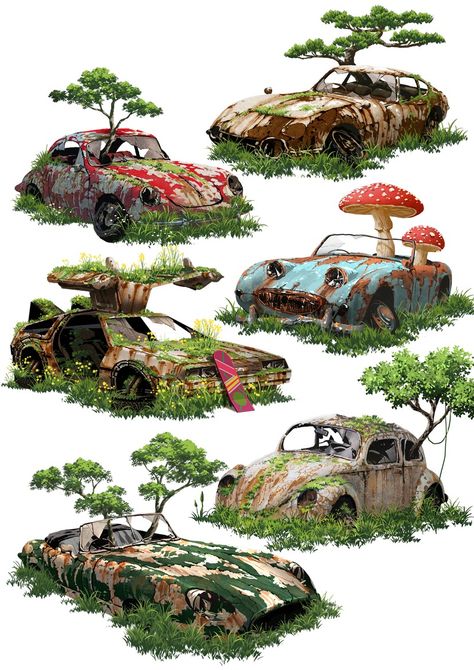 Post Apocalyptic Illustration, Junkyard Concept Art, Apocalypse Concept Art, Beetle Volkswagen, Environment Reference, Hover Board, Abandoned City, Post Apocalyptic Art, Apocalypse Art