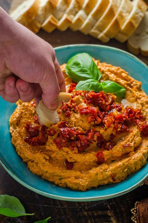 Creamy Sun Dried Tomato Basil Bean Dip - Host The Toast Dry Pasta Recipe, Sun Dried Tomato Dip, June Recipes, Tomato Dipping Sauce, Sundried Tomato Dip, Sun Dried Tomato Sauce, Tomato Pasta Recipe, White Bean Dip, Tomato Dip