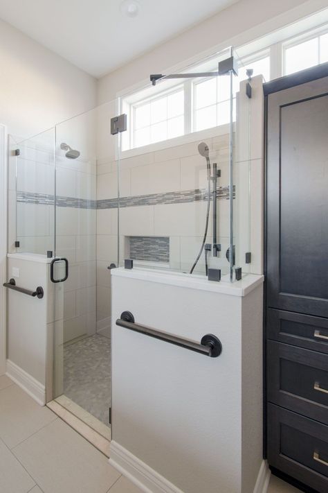 This accessible bathroom has a large zero entry walk-in shower. The curbless shower will allow the homeowners to age in place. The shower has a wide door, bench seating and a handheld showerhead. Small tile on the shower floor and grab bars will prevent slips. A sliding barn door provides easy access to the bathroom from the master bedroom. #adabathroom #wheelchairaccessible #adashower #curblessshower Large Bathroom Shower Ideas, Wheelchair Accessible Bathroom Design, Bathroom Remodel For Seniors, Aging In Place Bathroom Design, Handicapped Bathroom Ideas Layout, Aging In Place Bathroom, Texas Bathroom, Senior Bathroom, Mom Bathroom