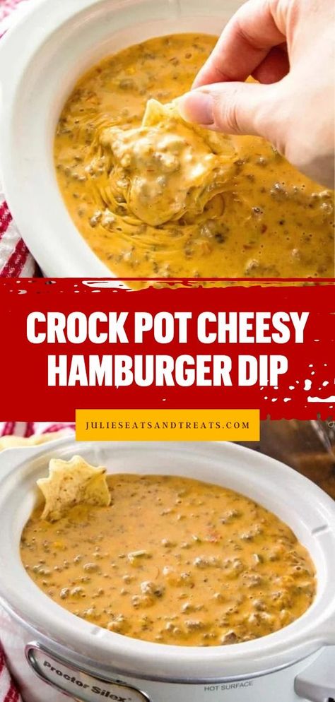 An easy appetizer recipe in the slow cooker! It's the BEST cheese dip. Perfectly spicy and cheesy, this crock pot hamburger dip is the party snack that will have everyone coming back for more! Easy Dips For Parties, Cheesy Hamburger Dip, Dip For A Crowd, Cheese Dip Recipes Crockpot, Crock Pot Hamburger, Hot Sausage Recipes, Rv Snacks, Hamburger Dip, Easy Chip Dip