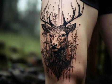 Deer Tattoo Meaning Deer Tattoo Thigh, Red Deer Tattoo, Buck Tattoo For Men, Stag Tattoo Men, Stag Tattoo Feminine, Deer Tattoo For Men, Deer Tattoos For Men, Deer Horn Tattoo, Deer Tattoo Men