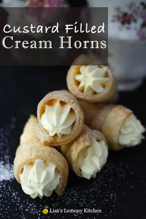 Cream Horns known as Italian cream horns are made of puff pastry wrapped around a conical shape mould. Cream horns are scrumptious baked till golden and flaky. These gorgeous cream horns can be filled with custard and top with whipped cream. #creamhorns #recipe #dessert Cream Horns Filling Recipe, Creamed Horns, Cream Horn Filling Recipe, Conoli Recipe, Stuffed Cannelloni, Italian Custard, Cream Horn, Puff Pastry Cream Puffs, Pepperidge Farm Puff Pastry