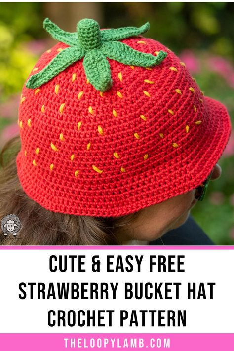 Create your own adorable strawberry bucket hat with this free crochet pattern! Perfect for beginners, this pattern is available in 6 sizes, from 0-3 months to large adult. Easy to customize and fun to make. Click to view the pattern to get started making your cute summer bucket hat now. 
 Or save it to your boards for later crocheting. Strawberry Bucket Hat Crochet Pattern, Strawberry Bucket Hat Crochet, Strawberry Bucket Hat, Bucket Hat Crochet Pattern, Crochet Sweater Pattern Women, Crochet Headwear, Strawberry Hat, Bucket Hat Crochet, Quick Crochet Projects