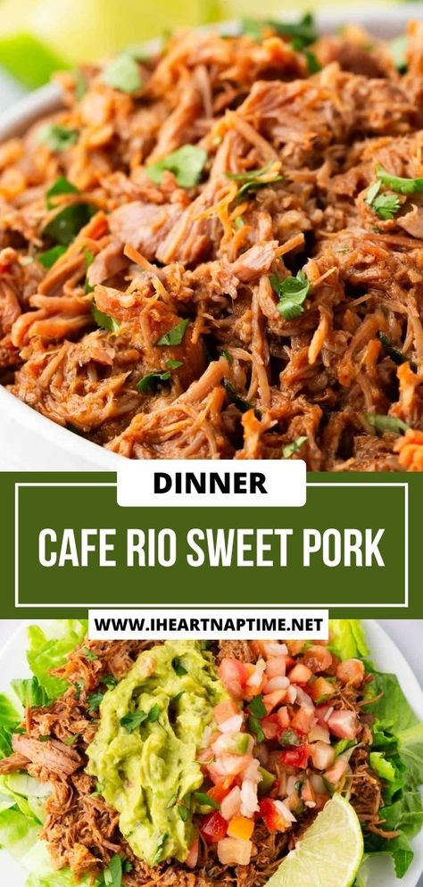 This copycat Cafe Rio sweet pork combines sweet marinated pork with a red enchilada sauce that is slow cooked until tender. This sweet pork is perfect for salads, tacos, burritos and more. Pork Tacos Mexican, Copycat Cafe Rio Sweet Pork, Copycat Cafe Rio, Cafe Rio Sweet Pork Recipe, Cafe Rio Pork, Sweet Pork Recipe, Asian Steak Bites, Pork Enchiladas, Creamy Pasta Bake