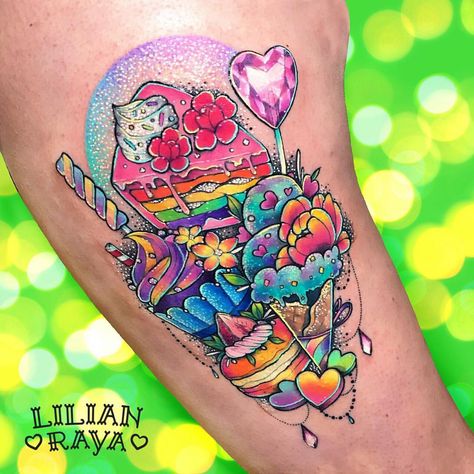 SWEET EXPLOSION. 💖🌈😍🦄🌸🍬🍰🍦🍭 Macaroon, helado, y corazones de dulces cicatrizados, el resto es fresco. MACAROON, ICECREAM AND CANDY HEARTS… Candy Sleeve Tattoo, Candy Tattoo Sleeve, Trippie Tattoos, Piggy Tattoo, Macaroon Ice Cream, Jewel Tattoos, Dessert Tattoo, Cake Tattoo, Candy Tattoo