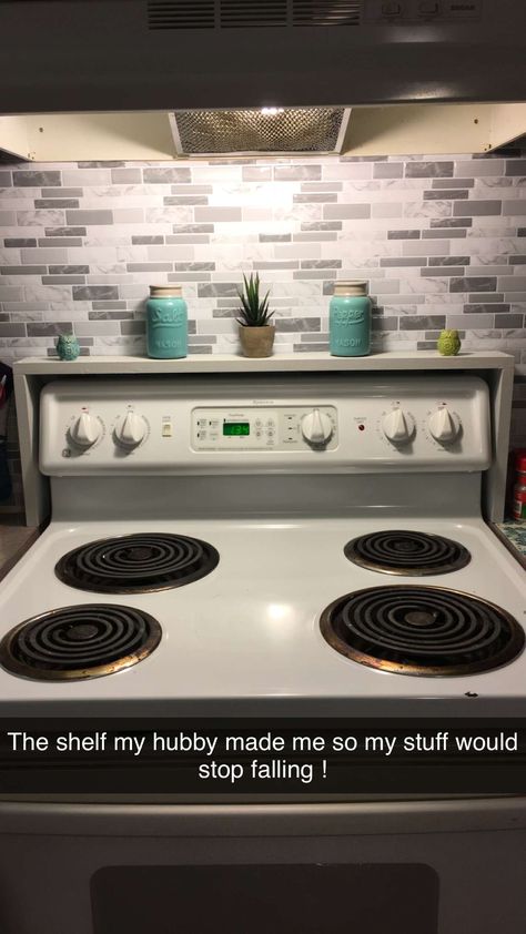 Behind The Oven Shelf, Wall Shelf Over Stove, Back Of Stove Shelf, Over The Oven Shelf, Old Stove Decor Ideas, Stove Shelf Over The, Over Oven Shelf, Diy Stove Shelf, Behind Stove Decor Ideas