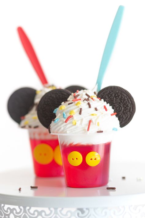 Mickey Mouse Jello Cups, Mickey Themed Snacks, Mickey Mouse Jello, Mickey Desserts, Mickey Mouse Food Ideas, Mickey Mouse Dessert Table, Birthday Jello, Mickey Mouse Party Food, Mickey Mouse Desserts