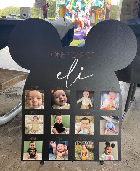 "Celebrate your little ones first year with our one year of you signage. Board will be painted black. You can customize to include your little ones name or be left as \"you\" as shown in the photo. Please include personalization preference along with color selection. Fits 4x4 photos + Stand | Base not included + Tape not included All sales are final (Unless it was an error on our end) as they are made to order and most are personalized. If you have made an error in the personalization, font | co One Mickey Mouse Birthday, 1 Birthday Party Decorations, Mickey Mouse 1 Birthday, Disney Theme One Year Old Birthday, 1st Birthday Party Ideas Mickey Mouse, 1st Birthday Mickey Mouse Theme, Boy Disney First Birthday, Disney World First Birthday, Baby Boys 1st Birthday Themes