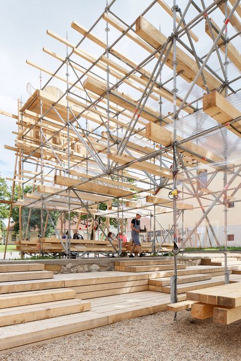 Riga studio Mailītis AIIM has used scaffolding poles, timber planks and corrugated plastic to create this events pavilion – one of three temporary structures built in the grounds of a former brewery in Latvia Scaffolding Design, Temporary Architecture, Timber Planks, Urban Intervention, Temporary Structures, Wood Model, Structure Architecture, Metal Building Homes, Sapporo