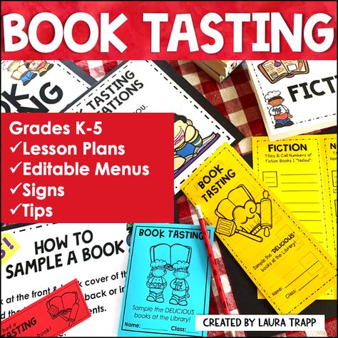 5 Tips for a Fun Book Tasting Event • The Trapped Librarian Tasting Activities, Round Library, Interactive Library, Library Lessons Elementary, Book Tasting, Morning Announcements, Library Events, Library Bulletin Boards, Traditional Books