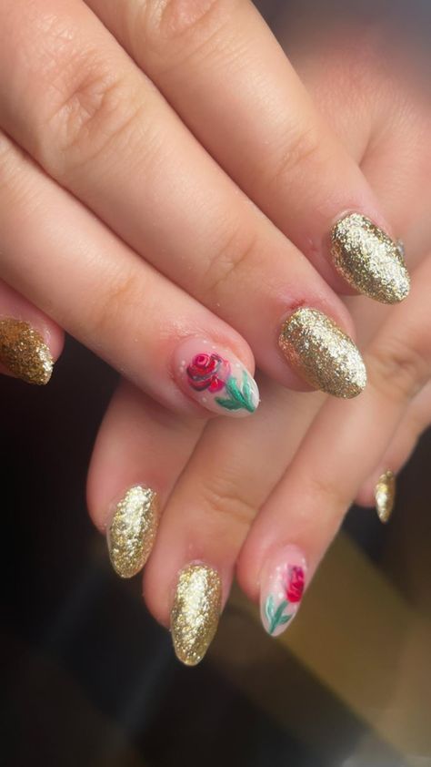 Beauty and the beast nail art Beauty And Beast Nail Ideas, Beauty And The Best Nails, Beauty And The Beast Wedding Nails, Beauty And Beast Nails, Beauty And The Beast Inspired Nails, Belle Inspired Nails, Beauty And The Beast Nails Acrylic, Beauty And The Beast Nails Designs, Belle Nails Disney