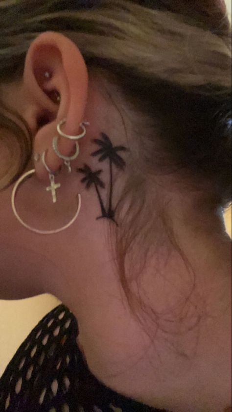 small palm tree tattoo behind ear Red Palm Tree Tattoo, Palm Tree Behind Ear Tattoo, Tree Tattoo Behind Ear, Small Palm Tree Tattoo, Tropical Flower Tattoos, Starfish Tattoo, Small Palm Trees, Tattoo Behind Ear, Red Palm