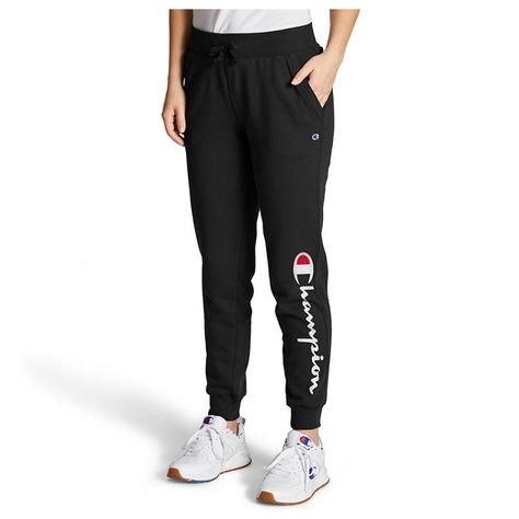 Women’s Champion Power-blend Fleece Joggers Graphic Joggers, Champion Sweatpants, Black Sweatpants, Joggers Womens, Fleece Joggers, Jogger Sweatpants, Black Logo, Womens Sweatpants, Jogger Pants