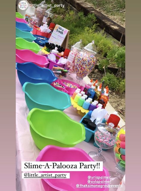 Slime Party Table, Make Your Own Slime Birthday Party, Slime Table Set Up, Kidchella Activities, Stations For Birthday Parties, Birthday Stations Activities, Slime Birthday Party Food Ideas, Kid Event Ideas, Birthday Party Business Ideas