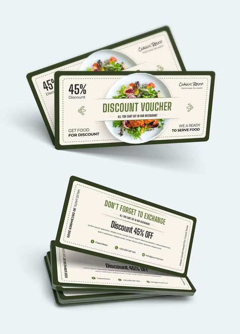 Food Coupon Design, Gift Voucher Design Ideas, Voucher Design Ideas, Voucher Design Template, Tickets Design, Restaurant Card, Food Vouchers, Restaurant Vouchers, Gift Voucher Template