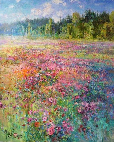 Paintings Of Fields Of Flowers, Paint Field Of Flowers, Spring Meadow Painting, Field Of Wildflowers Acrylic Painting, Field Of Flowers Oil Painting, Meadow Oil Painting, Posca Art, Landscape Art Painting, Famous Art