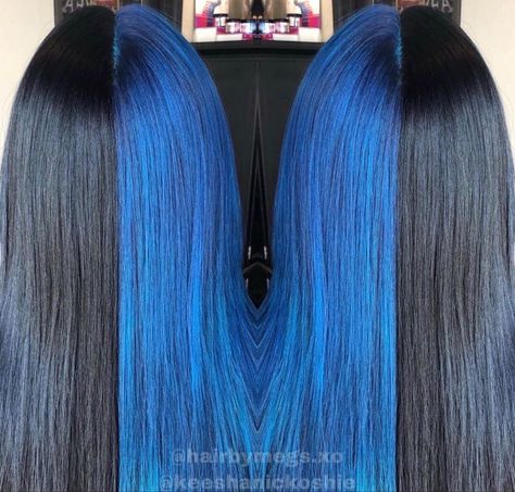 Half Dark Blue Half Black Hair, Half Blue Hair Half Black, Half Black Half Blue Hair Split, Black And Blue Split Dye Hair, Blue And Black Hair Split, Half And Half Hair Color Blue, Half Black Half Blue Hair, Half Blue Half Black Hair, Blue Split Dye Hair