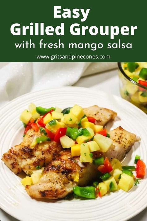 Add this grilled grouper to your summer menu! Just in time for grilling season, grilled grouper is tender and juicy with just a hint of smoky flavor! Served with a fresh mango salsa this light but filling grilled fish recipe is easy to make in 30 minutes! Grilled Grouper Recipes, Grouper Fish Recipes, Grilled Grouper, Grouper Recipes, Grouper Fish, Fresh Mango Salsa, Fresh Seafood Recipes, Best Seafood Recipes, Weeknight Dinner Recipes Easy