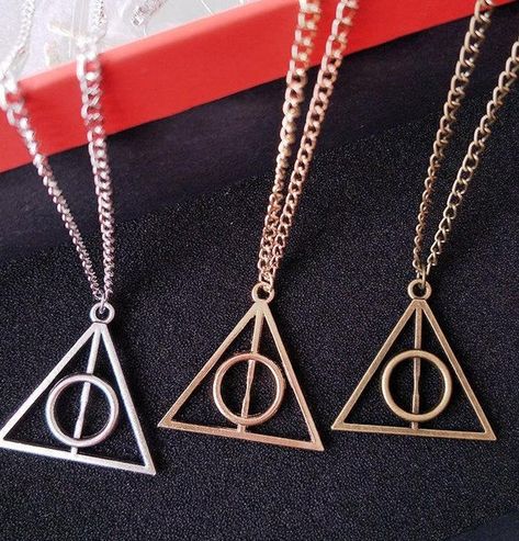 Deathly Hallows Necklace, Triangle Necklace, Triangle Pendant, Gold Jewelry Necklace, Deathly Hallows, Geometric Necklace, Mens Accessories Jewelry, Disney Accessories, Rhinestone Necklace