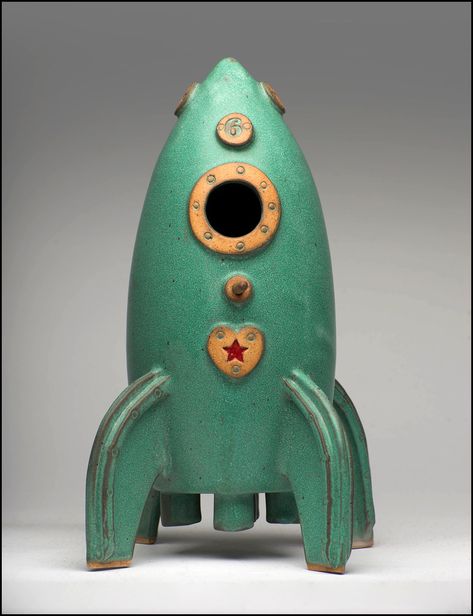 Ceramic Rocket Ship, Clay Rocket Ship, Clay Spaceship, Ceramic Spaceship, The Last Flight, Atom Punk, Vintage Space Art, Antique Shelves, Retro Rocket