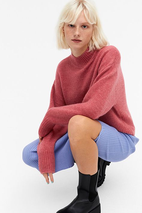 Knit sweater - Raspberry - Knitted tops - Monki WW Chunky Sweaters, Sweaters Knitted, Classic Turtleneck, Knitted Cardigans, Knitted Dresses, Chunky Cable Knit, Knitted Tops, Ribbed Turtleneck, Long Knit