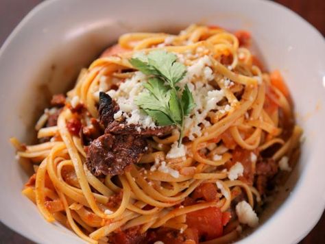 Get Pasta Chihuahua Recipe from Food Network Pasta Chihuahua, Italian Meat Sauce, Mexican Pasta, Mexican Chorizo, Cajun Pasta, Tender Steak, Guy Fieri, Grilled Steak, Latin Food