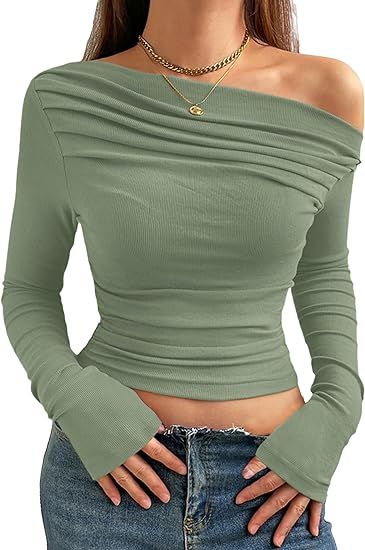 Women Sexy Off Shoulder Top Slim Fit Long Sleeve Going Out Asymmetrical Crop Top Y2K Tight Ruched T Shirts Crop Tops Outfits, Natural Clothing Style, Asymmetrical Crop Top, Crop Top Y2k, Y2k Tops, Off Shoulder Shirt, Populaire Outfits, Classy Work Outfits, Classy Casual Outfits