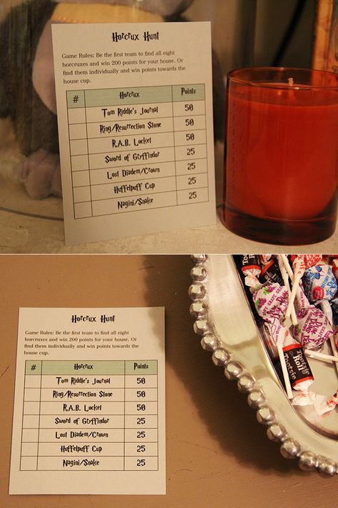 Easy activity ideas from this blog post: Horcrux Hunt and make-your-own book covers Horcrux Hunt, Hogwarts Halloween, Harry Potter Party Games, Harry Potter Day, Classe Harry Potter, Hogwarts Party, Harry Potter Halloween Party, Harry Potter Bday, Harry Potter Classroom