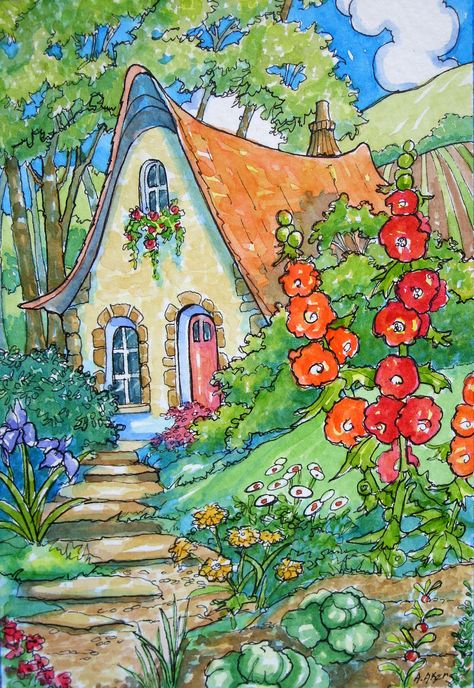 Art Deco Cottage, Cottage Illustration, Cottage Painting, Storybook Art, Art Fantaisiste, Storybook Cottage, Cute Cottage, Cottage Art, Seni Cat Air