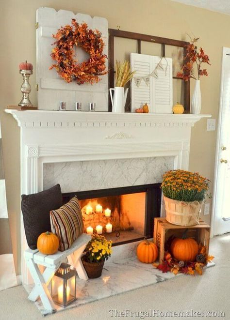 Ideas Spill from the Mantel on to the Heart | Fall Mantel Decorating Ideas For Halloween Halloween Fireplace, Fall Fireplace, Fall Mantle, Fall Living Room Decor, Fall Living Room, Fireplace Mantel Decor, Christmas Fireplace Decor, Fall Mantel Decorations, Fall Mantel