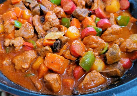 Yummy Kitchen - Pork Menudo Pork Menudo, Yummy Kitchen, Rice Bread, Steamed Rice, Pork Dishes, Sweet And Sour Pork, Tomato Paste, Hot Dogs, Stew